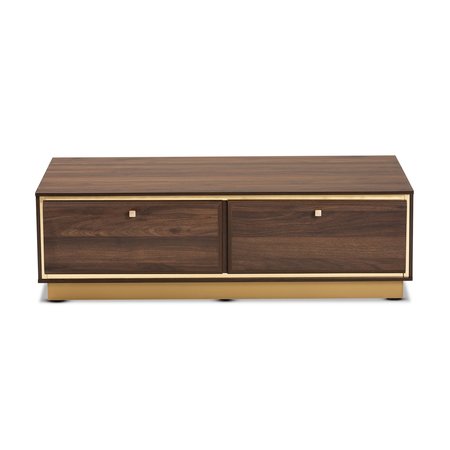 Baxton Studio Cormac Transitional Walnut Brown Finished Wood and Gold Metal 2-Drawer Coffee Table 208-12136